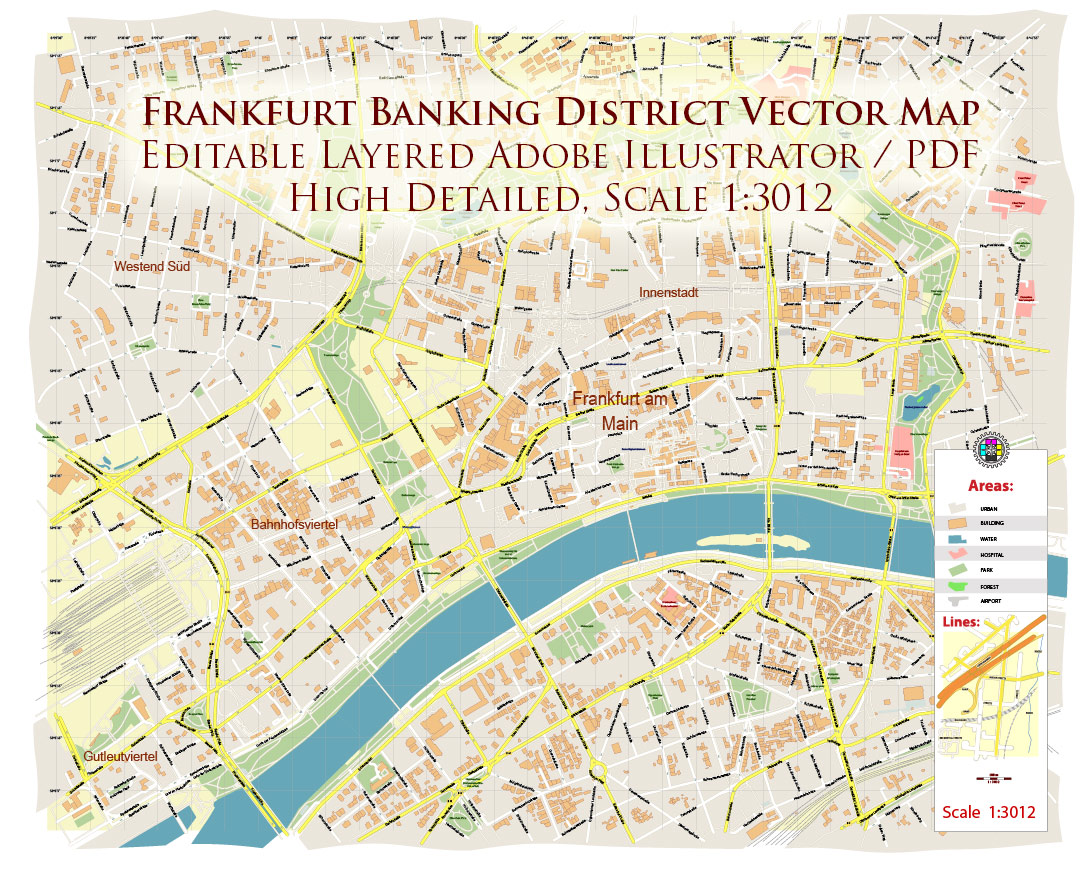 Frankfurt Banking District CBD Map Vector Exact High Detailed Street Map editable Adobe Illustrator in layers