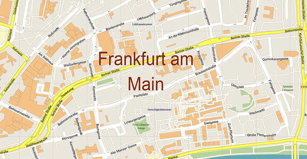 Frankfurt Banking District CBD Map Vector Exact High Detailed Street Map editable Adobe Illustrator in layers