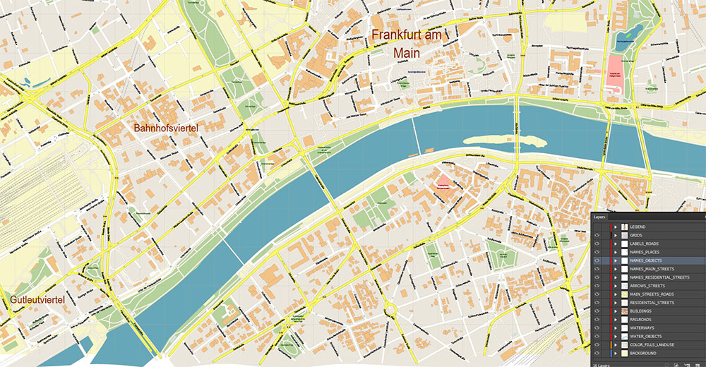 Frankfurt Banking District CBD Map Vector Exact High Detailed Street Map editable Adobe Illustrator in layers