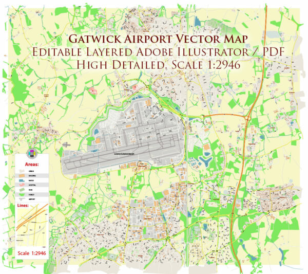 Gatwick Airport Map Vector Exact High Detailed Street Map editable Adobe Illustrator in layers Gatwick Airport Map Vector Exact High Detailed Street Map editable Adobe Illustrator in layers