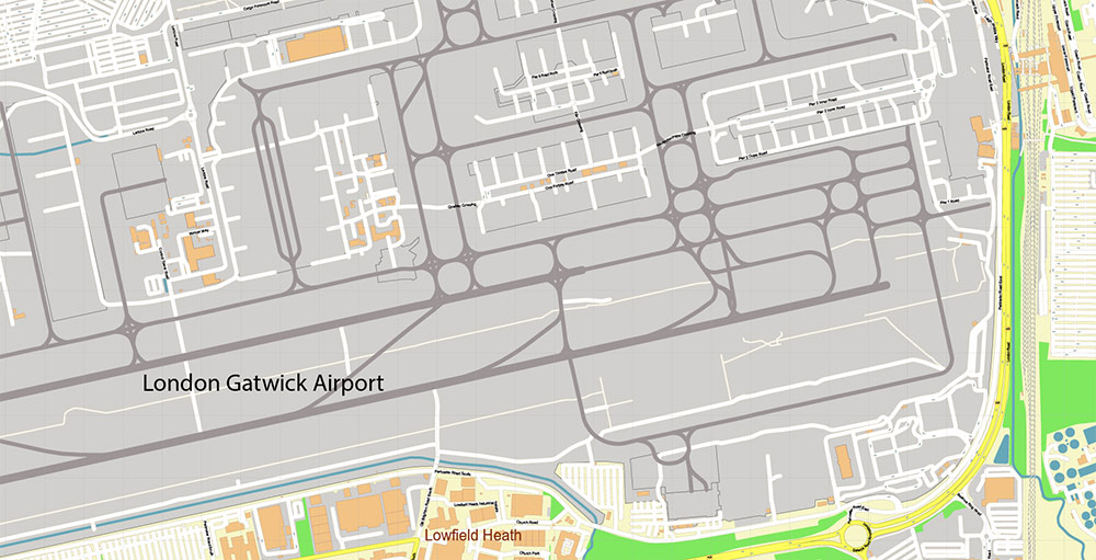 Gatwick Airport Map Vector Exact High Detailed Street Map editable Adobe Illustrator in layers