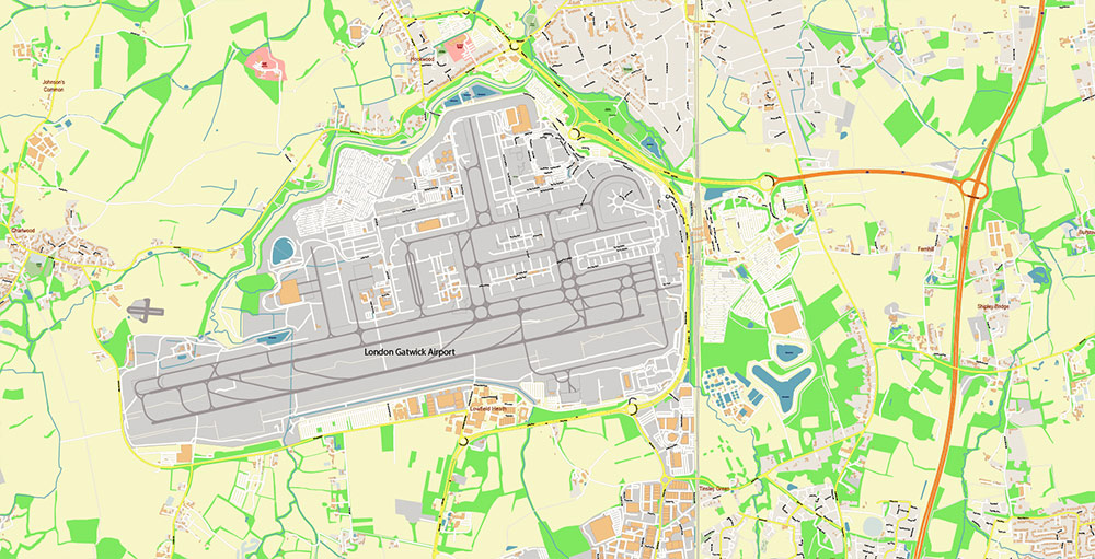 Gatwick Airport Map Vector Exact High Detailed Street Map editable Adobe Illustrator in layers
