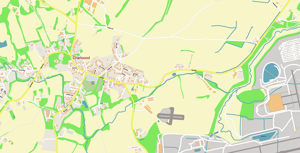 Gatwick Airport Map Vector Exact High Detailed Street Map editable Adobe Illustrator in layers