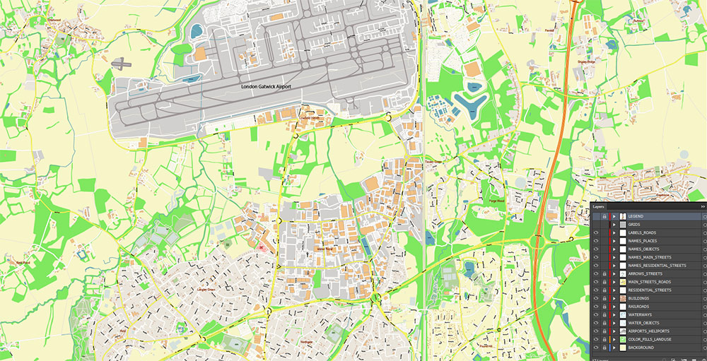 Gatwick Airport Map Vector Exact High Detailed Street Map editable Adobe Illustrator in layers