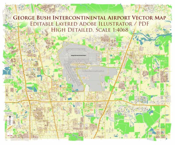 George Bush International Airport Map Vector Exact High Detailed Street Map editable Adobe Illustrator in layers