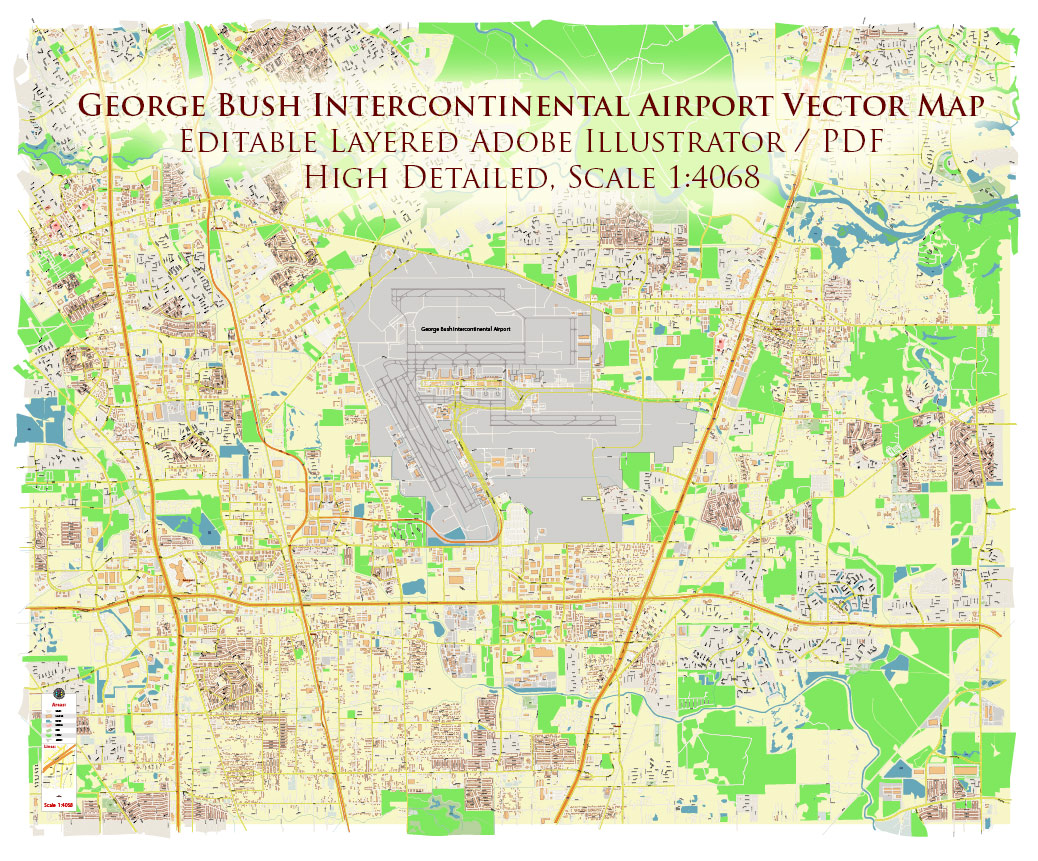George Bush International Airport Map Vector Exact High Detailed Street Map editable Adobe Illustrator in layers