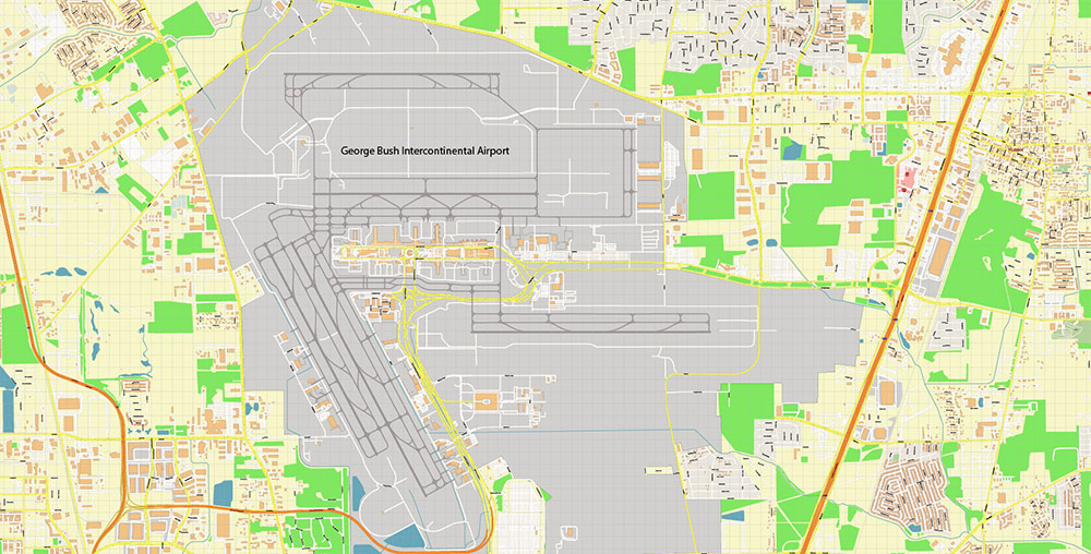 George Bush International Airport Map Vector Exact High Detailed Street Map editable Adobe Illustrator in layers