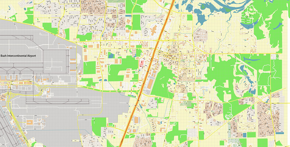 George Bush International Airport Map Vector Exact High Detailed Street Map editable Adobe Illustrator in layers