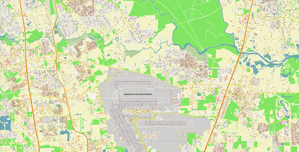George Bush International Airport Map Vector Exact High Detailed Street Map editable Adobe Illustrator in layers