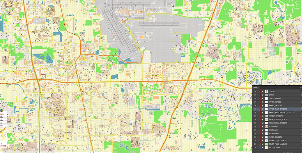 George Bush International Airport Map Vector Exact High Detailed Street Map editable Adobe Illustrator in layers