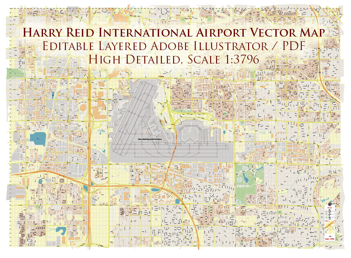Harry Reid International Airport Map Vector Exact High Detailed Street Map editable Adobe Illustrator in layers