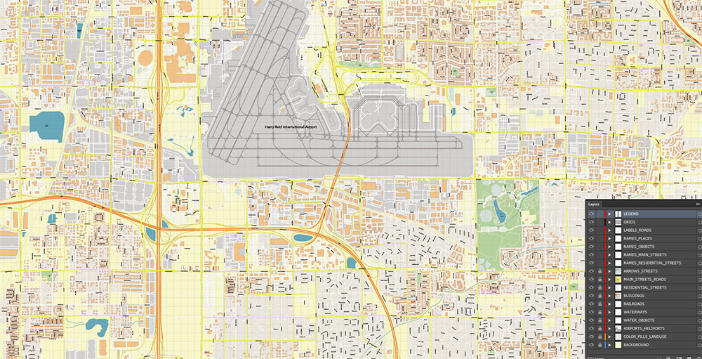 Harry Reid International Airport Map Vector Exact High Detailed Street Map editable Adobe Illustrator in layers