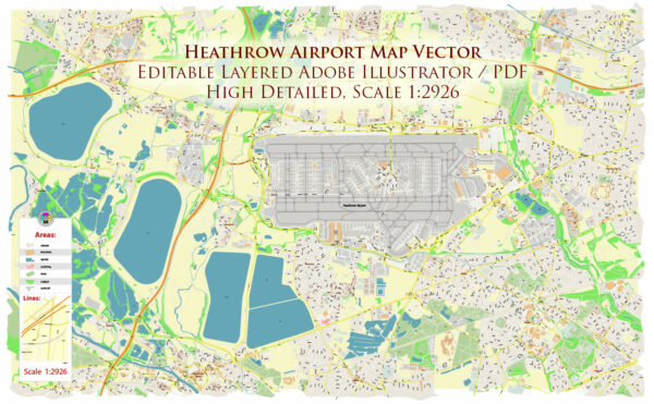Heathrow Airport Map Vector Exact High Detailed Street Map editable Adobe Illustrator in layers
