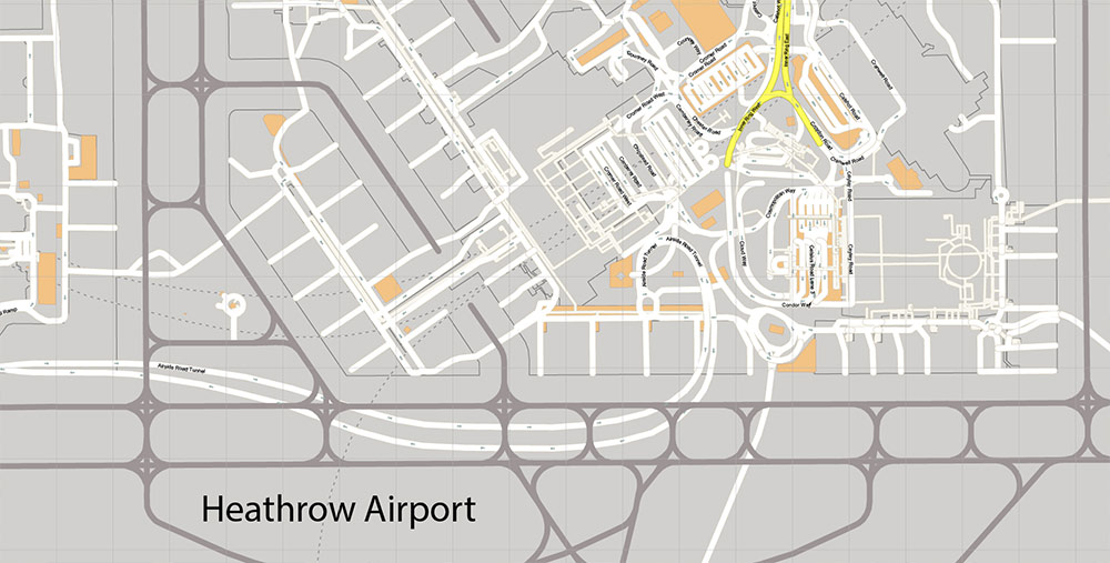 Heathrow Airport Map Vector Exact High Detailed Street Map editable Adobe Illustrator in layers