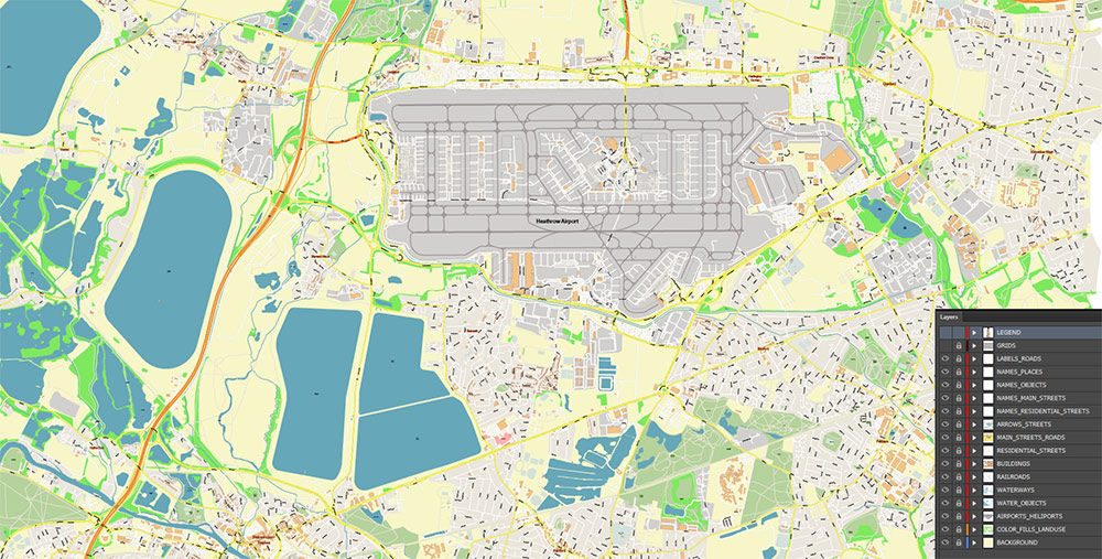 Heathrow Airport Map Vector Exact High Detailed Street Map editable Adobe Illustrator in layers