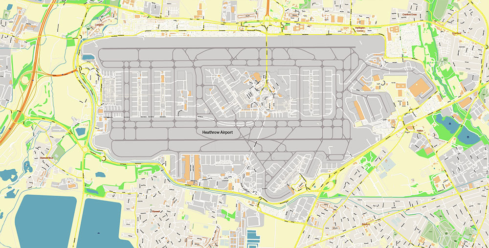 Heathrow Airport Map Vector Exact High Detailed Street Map editable Adobe Illustrator in layers
