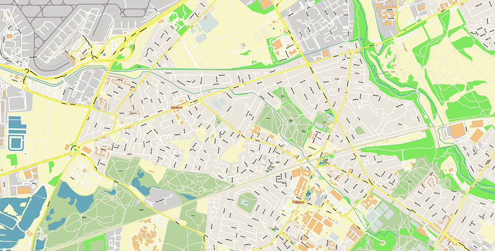 Heathrow Airport Map Vector Exact High Detailed Street Map editable Adobe Illustrator in layers