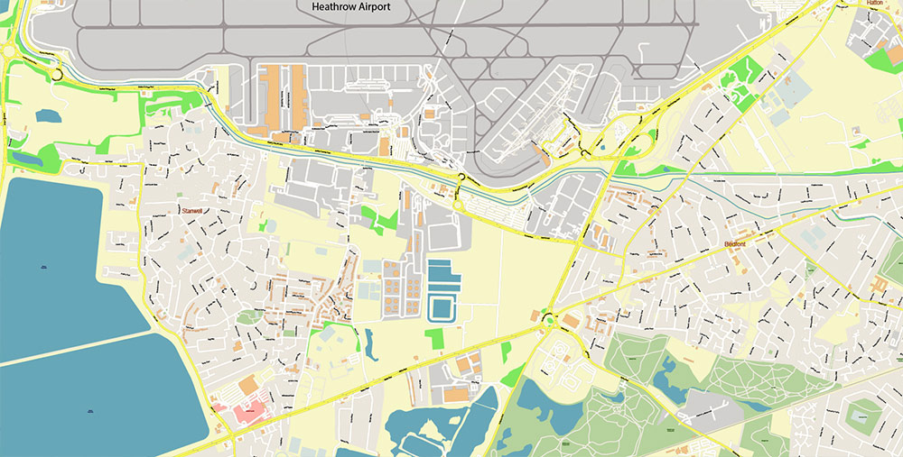 Heathrow Airport Map Vector Exact High Detailed Street Map editable Adobe Illustrator in layers