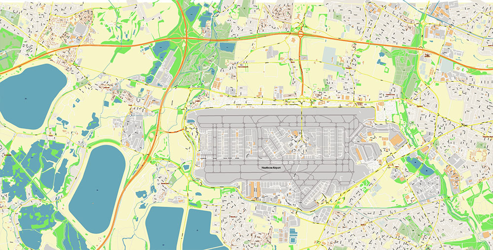 Heathrow Airport Map Vector Exact High Detailed Street Map editable Adobe Illustrator in layers