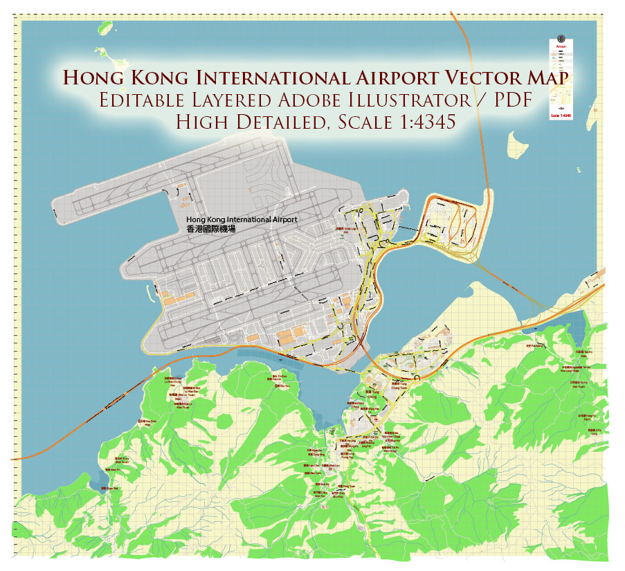 Hong Kong International Airport Map Vector Exact High Detailed Street Map editable Adobe Illustrator in layers