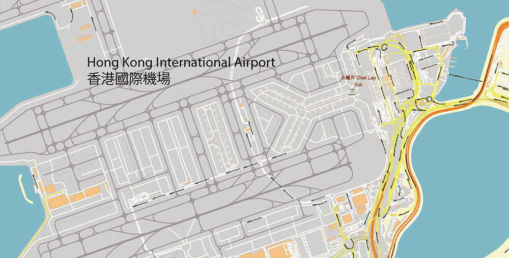 Hong Kong International Airport Map Vector Exact High Detailed Street Map editable Adobe Illustrator in layers