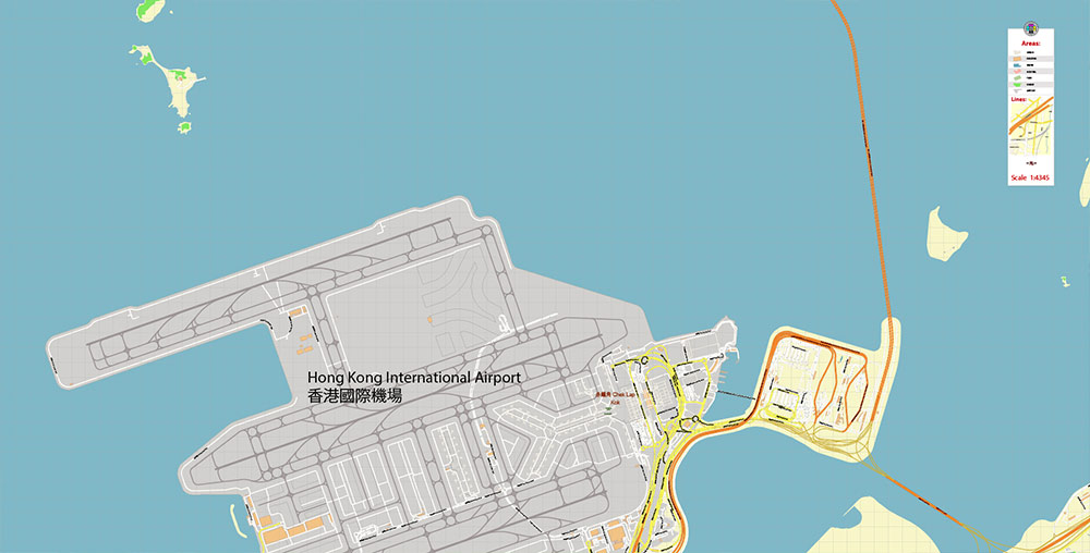 Hong Kong International Airport Map Vector Exact High Detailed Street Map editable Adobe Illustrator in layers