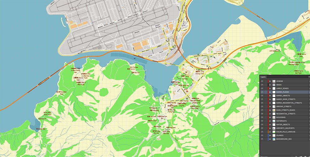 Hong Kong International Airport Map Vector Exact High Detailed Street Map editable Adobe Illustrator in layers