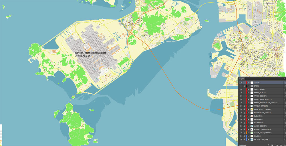 Incheon International Airport Map Vector Exact High Detailed Street Map editable Adobe Illustrator in layers