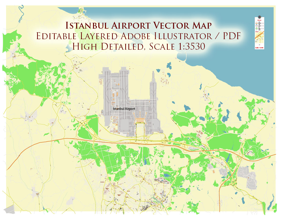 Istanbul International Airport Map Vector Exact High Detailed Street Map editable Adobe Illustrator in layers