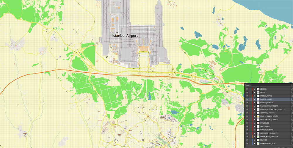 Istanbul International Airport Map Vector Exact High Detailed Street Map editable Adobe Illustrator in layers