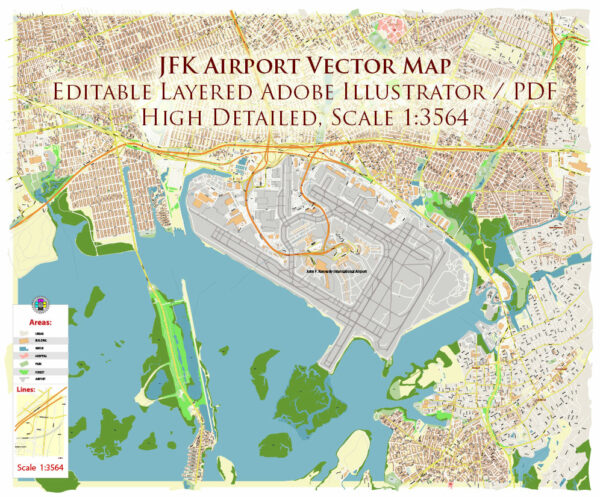 JFK Airport Map Vector Exact High Detailed Street Map editable Adobe Illustrator in layers