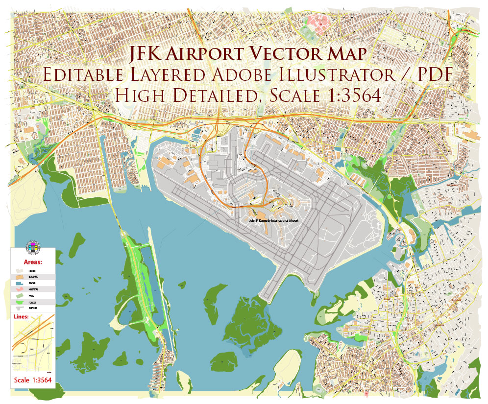 JFK Airport Map Vector Exact High Detailed Street Map editable Adobe Illustrator in layers