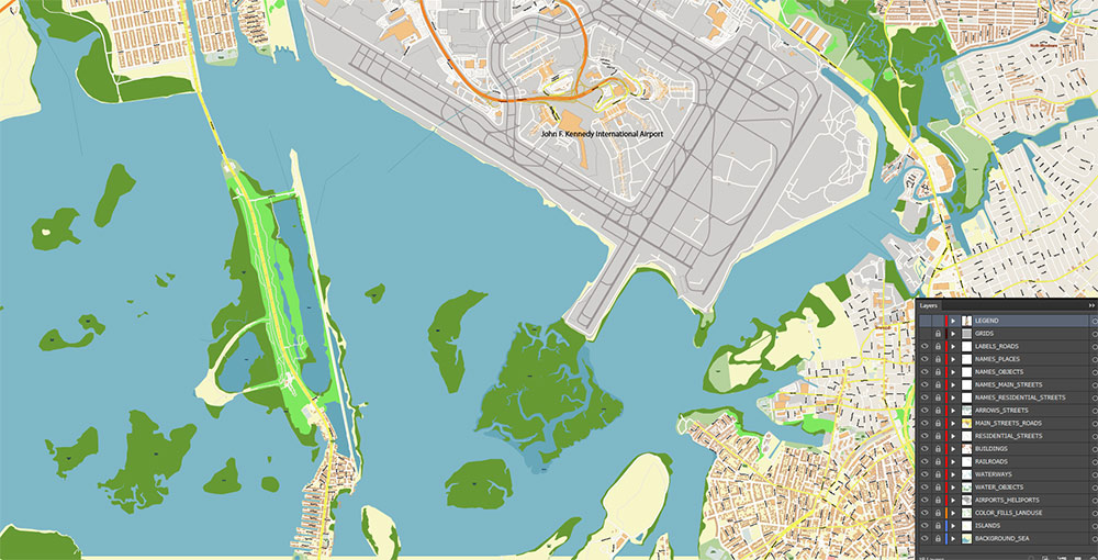 JFK Airport Map Vector Exact High Detailed Street Map editable Adobe Illustrator in layers
