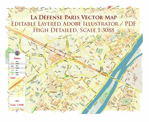 La Defense Paris CBD Map Vector Exact High Detailed Street Map editable Adobe Illustrator in layers