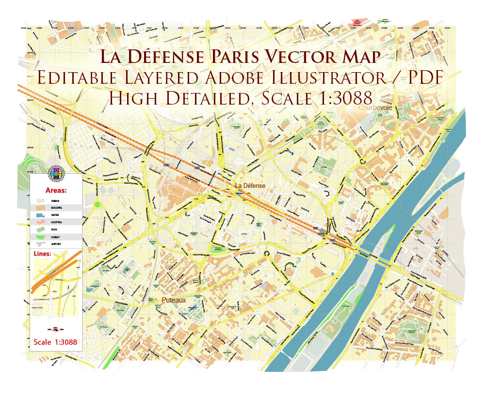 La Defense Paris CBD Map Vector Exact High Detailed Street Map editable Adobe Illustrator in layers
