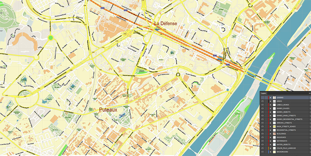 La Defense Paris CBD Map Vector Exact High Detailed Street Map editable Adobe Illustrator in layers