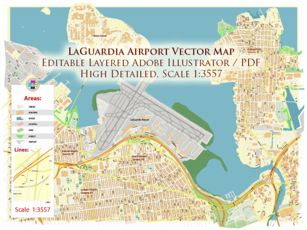 Laguardia Airport Map Vector Exact High Detailed Street Map editable Adobe Illustrator in layers