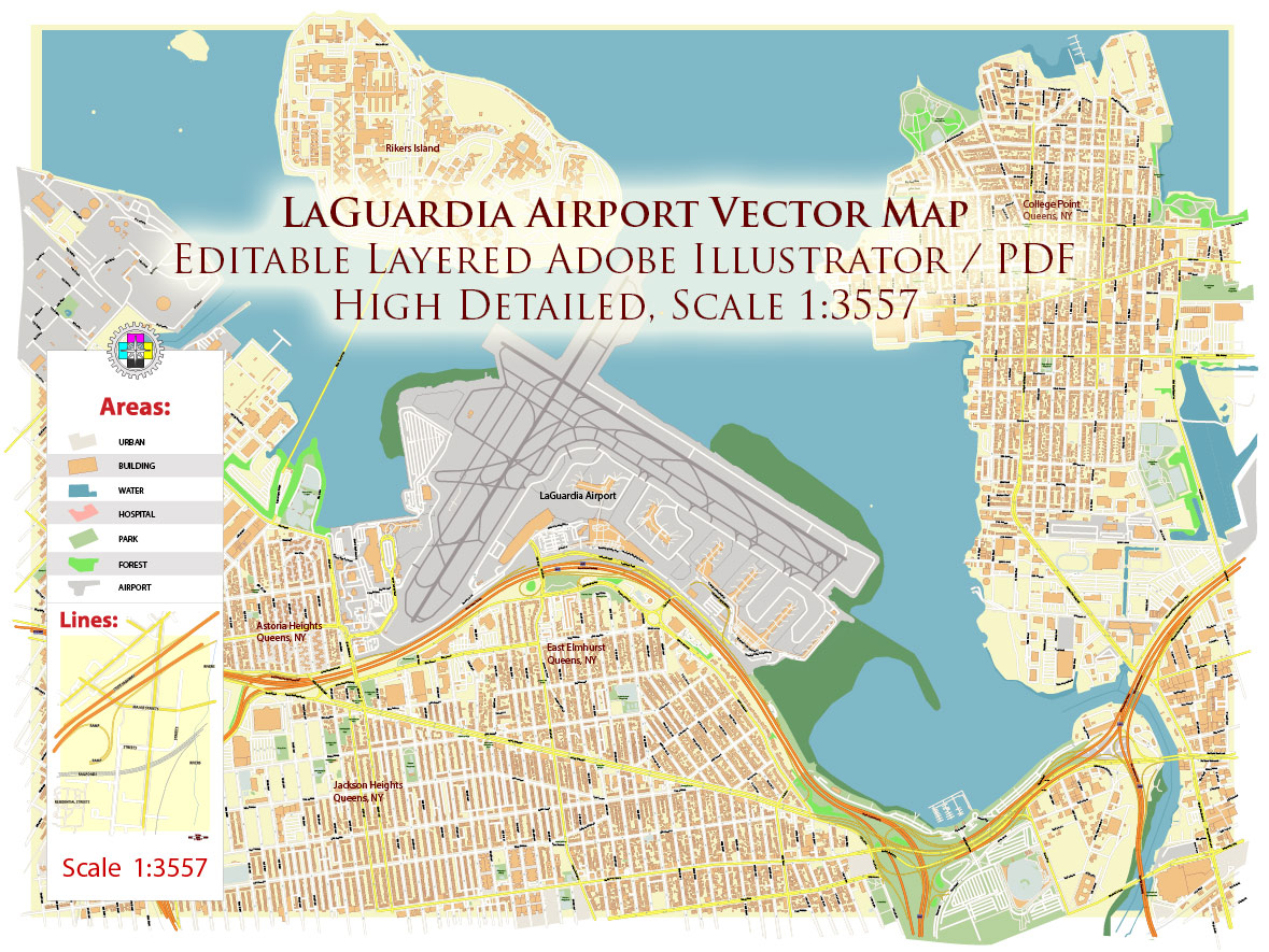 Laguardia Airport Map Vector Exact High Detailed Street Map editable Adobe Illustrator in layers