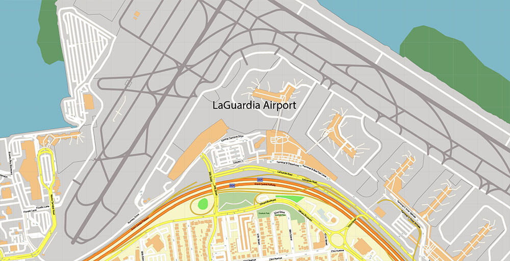 Laguardia Airport Map Vector Exact High Detailed Street Map editable Adobe Illustrator in layers