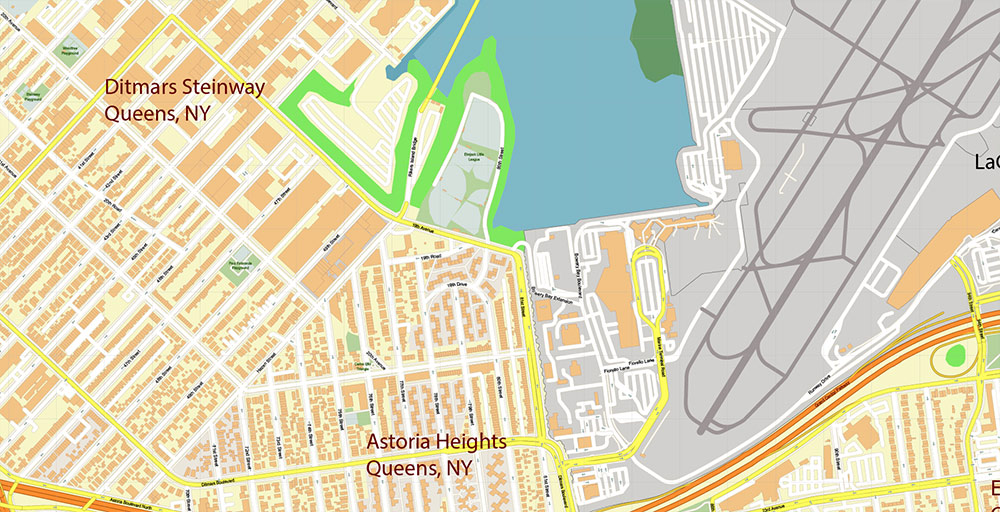 Laguardia Airport Map Vector Exact High Detailed Street Map editable Adobe Illustrator in layers