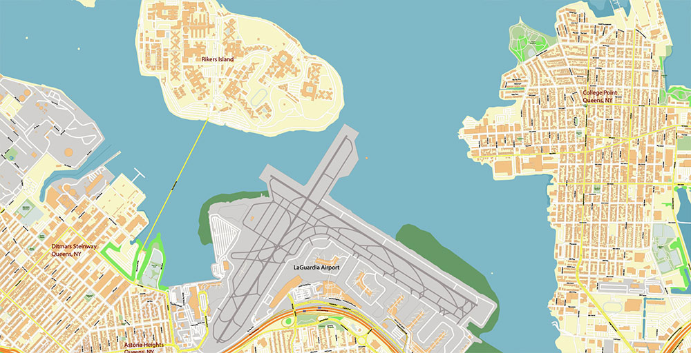 Laguardia Airport Map Vector Exact High Detailed Street Map editable Adobe Illustrator in layers