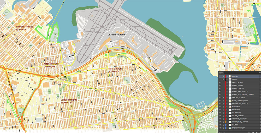 Laguardia Airport Map Vector Exact High Detailed Street Map editable Adobe Illustrator in layers