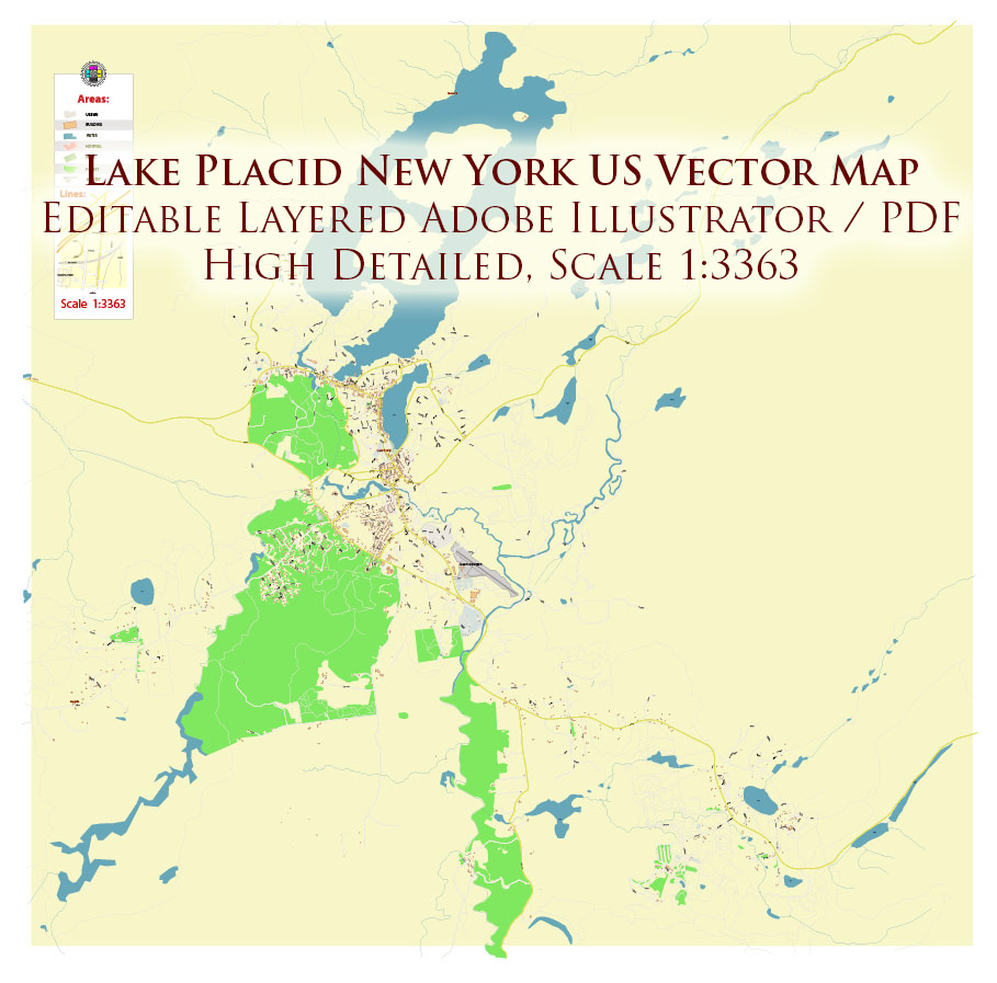 Lake Placid New York USA Map Vector Exact High Detailed Street Map editable Adobe Illustrator in layers