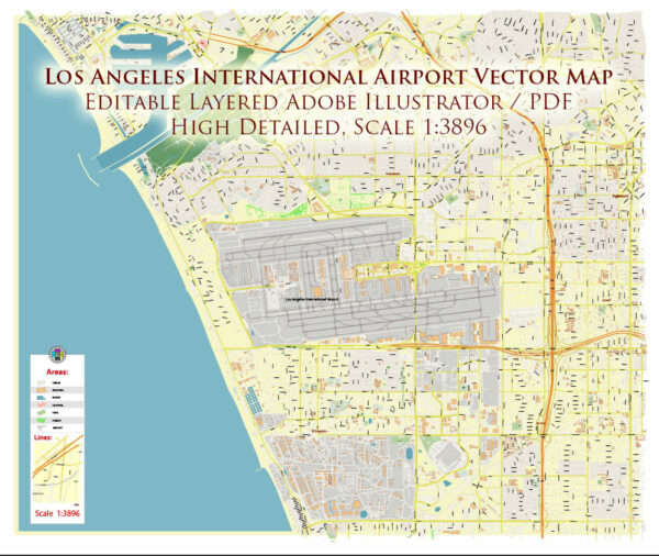 LAX Airport Map Vector Exact High Detailed Street Map editable Adobe Illustrator in layers