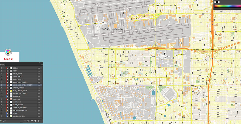 LAX Airport Map Vector Exact High Detailed Street Map editable Adobe Illustrator in layers