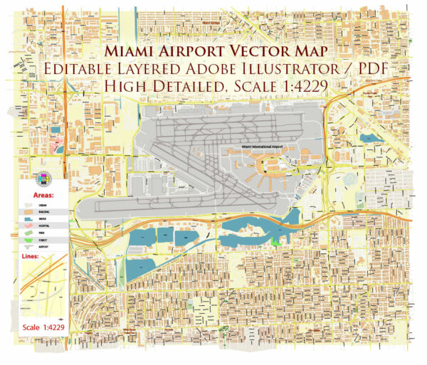 Miami Airport Map Vector Exact High Detailed Street Map editable Adobe Illustrator in layers