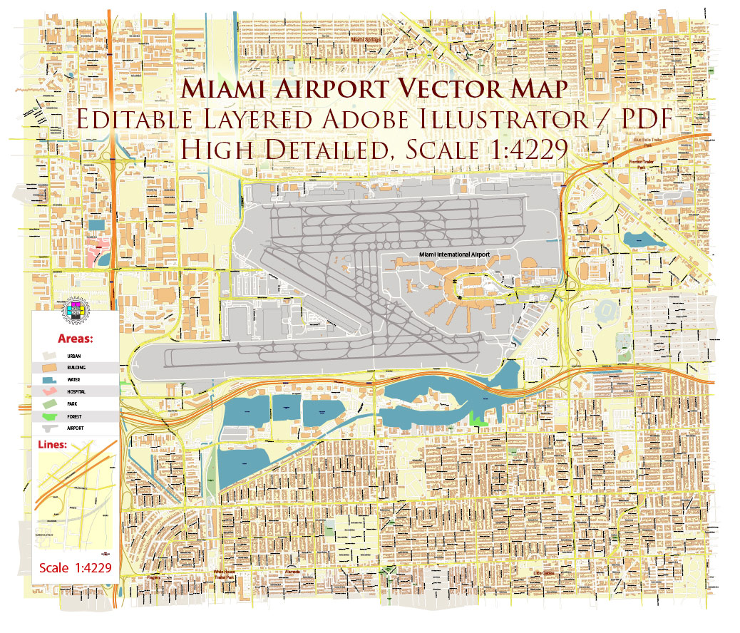 Miami Airport Map Vector Exact High Detailed Street Map editable Adobe Illustrator in layers