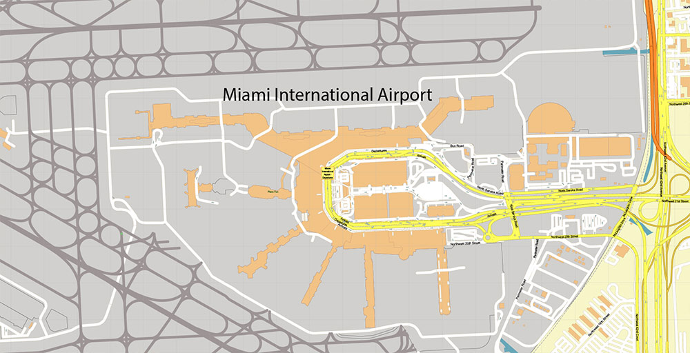 Miami Airport Map Vector Exact High Detailed Street Map editable Adobe Illustrator in layers