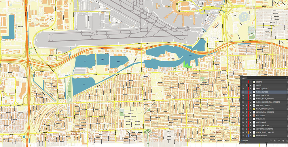 Miami Airport Map Vector Exact High Detailed Street Map editable Adobe Illustrator in layers