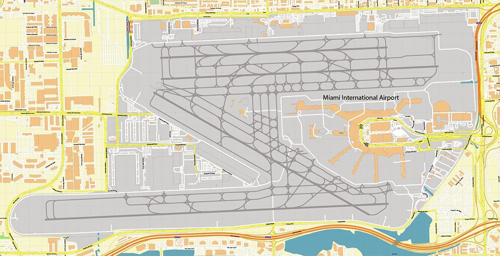 Miami Airport Map Vector Exact High Detailed Street Map editable Adobe Illustrator in layers